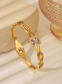 1 Pc Fashionable & Elegant Bracelet, Personalized Geometric Zirconia Bracelet, Jewelry Accessory Gift For Women/Girls, Waterproof, Stainless Steel, Gold, Love, Lucky Charm