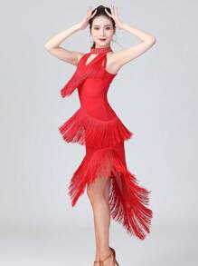 Vestido de baile latino para damas, vestido de competición con lentejuelas y flecos, vestido de baile latino asimétrico con flecos, vestido para actuación en el escenario