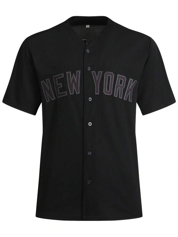 Boyfriend Style Men's Baseball Jacket, Number 99 Embroidered Button Front Sports Shirt, Black