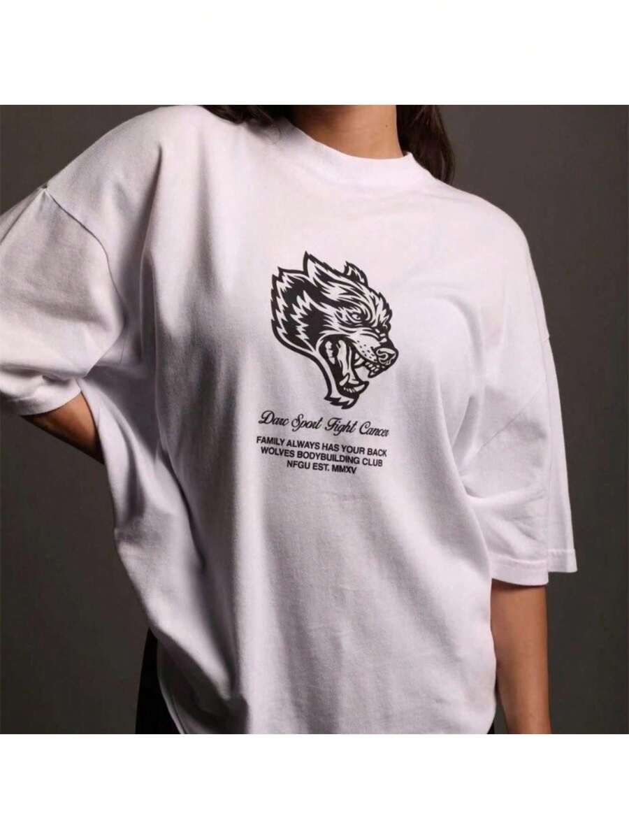 Darcsports Wolf Head Out Of Print Short Sleeve Fashion Fitness Essentials Pure Cotton Women's T-Shirt Front And Back Printing -Versatile Basic T-Shirts - 白色 - 查看 1