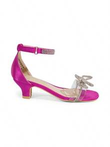 Girls Sandals Rhinestones Buckle Ankle Strap Square Toe Low Heel Bow Flower Dress Shoes - Màu đỏ tím - Xem 5