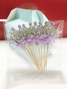 1set/5pcs,Golden Crown Ribbon Cupcake Skewers With Pink Bow Accents - Perfect For Decorating Birthday Parties, Weddings, Dessert Cupcakes, Cocktail Skewers, Suitable For Gatherings, Party Celebrations, And Corporate Events