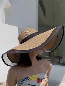 女士宽边沙滩草帽，网眼拼接防晒帽，遮挡面部阳光，适合海边旅行，时尚百搭 - 帽子 - 查看 15