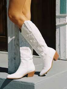 Botas vaqueras para mujer, botas vaqueras hasta la rodilla, bordadas, tacones gruesos, punta puntiaguda, botas vaqueras altas y largas, sin cordones
