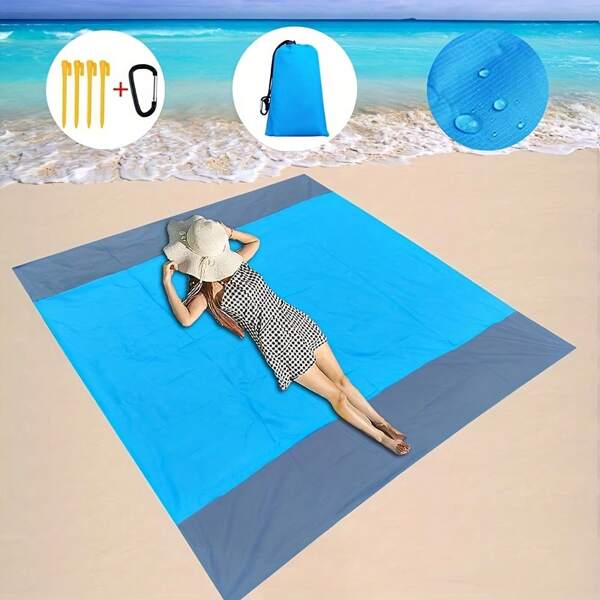1pc 2x2.1m Outdoor Camping Tent Ground Mat, Waterproof Oxford Cloth Silver-Coated Picnic Mat, Large Size Beach Blanket, Lightweight Foldable Pocket Beach Mat