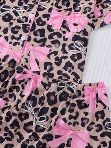 2pcs Leopard Bowknot Print Women Pajama Set, Collar Shirt Short Sleeve Comfortable Top And Elastic Waist Shorts, Fashionable Sleepwear Loungewear For Holidays Party And Casual Wear