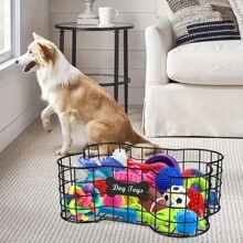 Medium Black Metal Dog Toy Organizer: Iron Wire Basket In Dog Bone Shape For Puppy Accessory Storage
