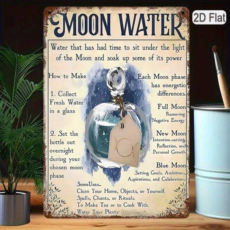 1PC Tin Sign 2D Flat, Moon Water Recipe, Vintage Witchcraft Art, Rustic Spiritual Wall Decor, High-Quality Metal, Perfect For Home Or Witchy Room Decor, 8x12 Inches/ 20x30 Cm - 8x12吋/20x30公分-1件 - 查看 1