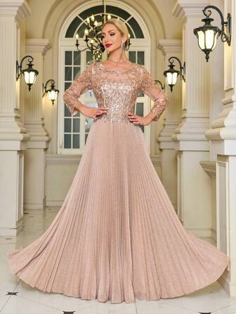 LVNES 优雅新娘妈妈礼服闪亮 A 字拖地晚礼服，适合婚礼、正式服装、母亲节服装