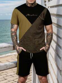 Men's Contrast Color Patchwork Houndstooth Print Short Sleeve T-Shirt And Shorts Set - Brown - View 3