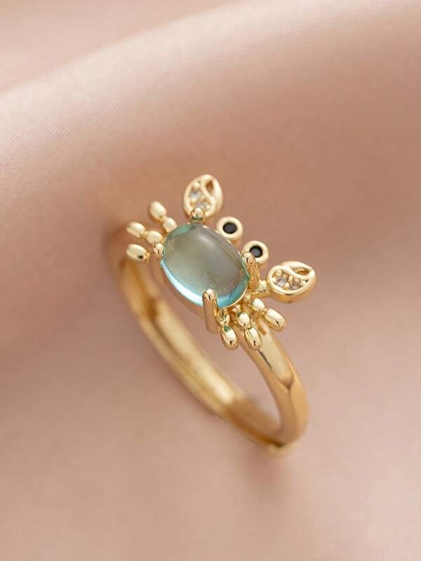 1pc Fancy Adjustable Mini Crab Ring For Women, Cute Vintage Summer Beach Style Copper Silver 18K Gold Plated Moonstone Light Blue Animal Rings Jewelry For Girls Daily And Party Occasions, Ideal Gift For Friends