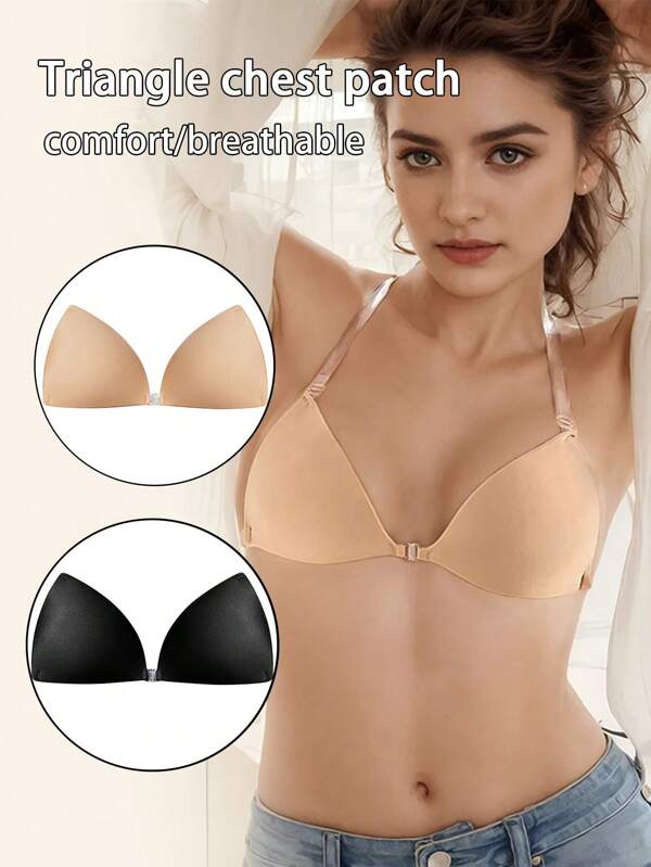 Women's Black, Apricot Triangle Cup Invisible Adhesive Bra With Detachable Shoulder Straps