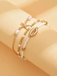 3pcs Fashionable Bohemian Beaded & Sequin Starfish & Shell Design Multi-Layer Anklets, Suitable For Women Beach Party Wear - Gold - View 5