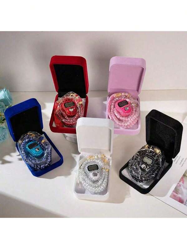 1pc Crystal Studded Manual Hand Tally Counter 0-99 With Pearl Decor Luxury Gift Box