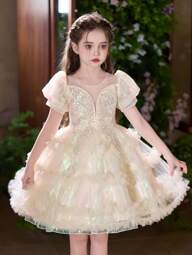 ชุดสั้นเด็กสาววัยใสแขนพองหรูหรา ผ้าตูลล์ เหมาะสำหรับงานเลี้ยง วันเกิด ครบรอบ บัพติศมา สาวดอกไม้ในงานแต่งงาน สไตล์เจ้าหญิง