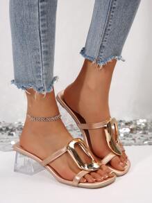 Transparent Chunky Heel With Decorative Metallic Accent, New Women's Fashion Versatile Holiday Party Rose Gold Summer High Heel Sandals