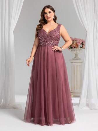 Große Größen Elegantes Abendkleid für Damen mit Pailletten und Mesh, Ballkleid, geeignet für Hochzeitsevents, Abschlussball, Dinner