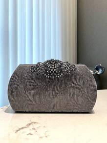 1pc Gray Glitter Crystal Decor Elegant Women's Evening Clutch Bag, Suitable For Banquet, Wedding, Party, Formal Occasions, Fashion Handheld & Shoulder Bag With Metal Chain
