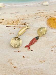 1 Paar einfache, modische Ohrringe aus der Meerestrilogie, Metall Luxus Anhänger (Fisch, Krake, Qualle), Bohemien Beach Resort Stil, elegante Ohrstecker