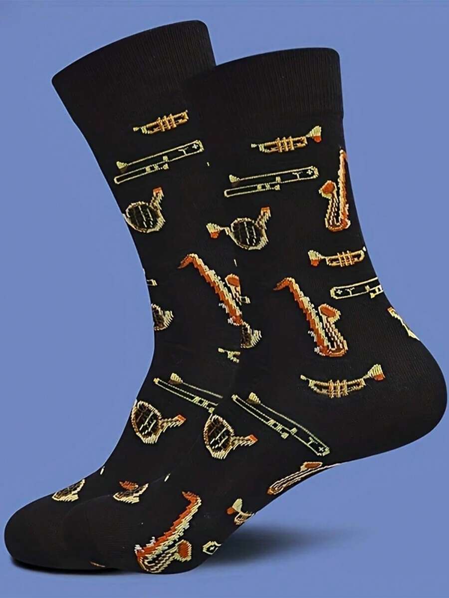 1 Pair Of Men's Socks, Novel, Fashionable, Musical Instrument Pattern, Warm Mid Tube Socks - Multicolor - View 1