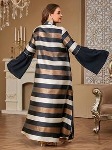 SISKAKIA Vestido elegante y con estilo para mujeres musulmanas de talla grande con mangas acampanadas, con aplicaciones de lentejuelas, cuello en V, rayas, de poliéster. Adecuado para playa, festival, boda, fiesta de cumpleaños, cita, evento formal, viaje.