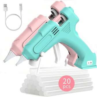 Pistola de silicona inalámbrica, pistola de silicona recargable por USB con 20 barras de silicona, kit de pistola de silicona rosa portátil de precalentamiento rápido para manualidades, artesanía, bricolaje, decoraciones y regalos de Navidad