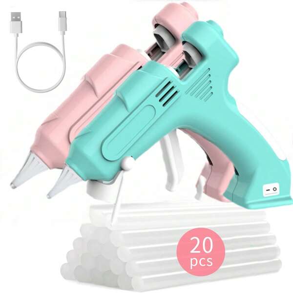Pistola de silicona inalámbrica, pistola de silicona recargable por USB con 20 barras de silicona, kit de pistola de silicona rosa portátil de precalentamiento rápido para manualidades, artesanía, bricolaje, decoraciones y regalos de Navidad