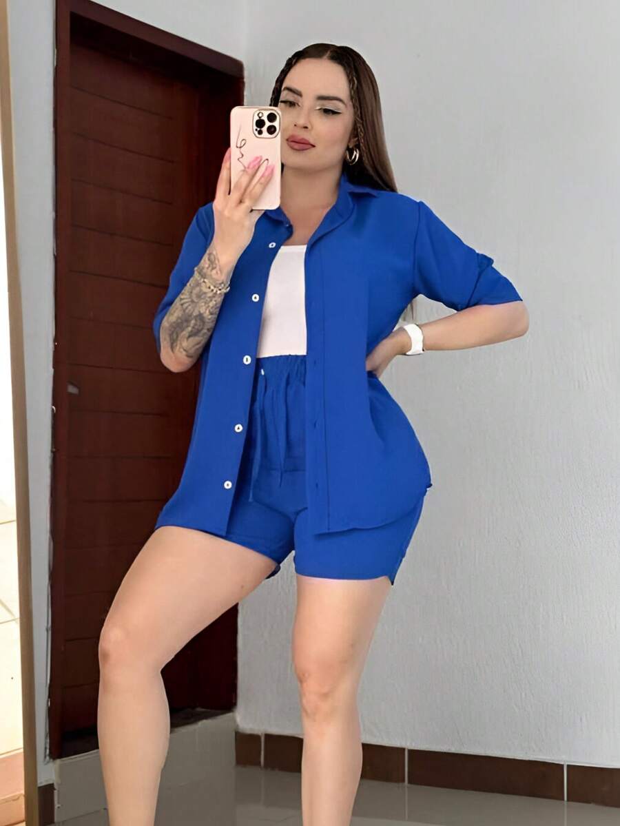 MHG  Conjunto de 2 piezas de cubierta de playa con camisa de manga corta y botones oversize y pantalones cortos de unicolor para vacaciones en la playa, verano casual y fresca primavera - Azul - Ver 1