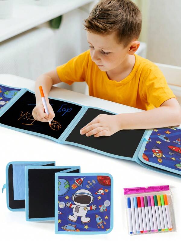 1pc Upgraded Kids Foldable Double-Sided Chalkboard, Reusable Drawing Doodle Board With 12 Color Washable Markers - Portable Design To Stimulate Learning Ability, Holiday/Birthday Gift For Boys & Girls, School Supplies