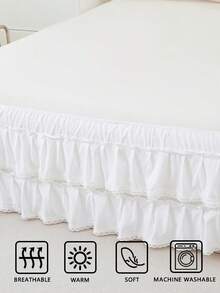 1pc White Polyester Solid Color Bohemian Style Double Ruffle Lace Bed Skirt (1 Bed Skirt), Solid Color Classic, Minimalist And Versatile, Polyester Fabric, Translucent And Warm, Suitable For All Seasons, Applicable To Bedroom, Living Room, Kitchen, Outdoor, Home Decor - White - View 5