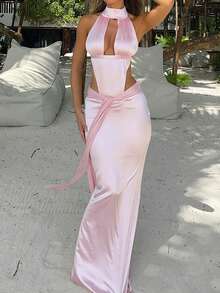 Robe longue fendue dos nu en satin sexy avec taille cintrée, robe de vacances pour femmes