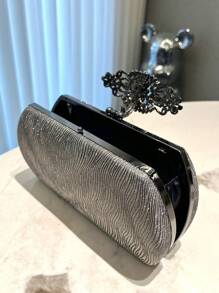 1pc Gray Glitter Crystal Decor Elegant Women's Evening Clutch Bag, Suitable For Banquet, Wedding, Party, Formal Occasions, Fashion Handheld & Shoulder Bag With Metal Chain