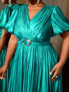 Women Long Party Dresses Elegant Shiny Pleated Short Lantern Sleeves V Neck Classy Curve Ladies Belly Cover Occasions - Green - View 9