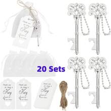 20 قطعة فتاحة زجاجات بشكل مفتاح هيكل عظمي قديم مع أكياس أورجانزا وبطاقات شكر وحبال الخيش والسلاسل ، هدايا زفاف مثالية وهدايا لحفلات استحمام الطفل للضيوف