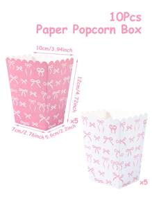 10pcs White/ Pink Background Bow Pattern Paper Popcorn Box, Popcorn Cups, Food Snack Box, Wedding Birthday Babe Shower Party Disposable Tableware, Suitable For Multiple Themes Holiday Party Picnic Camping, Home Kitchen Restaurant Table Supplies