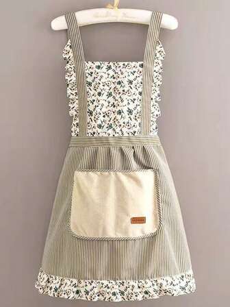 1个时尚碎花口袋无袖围裙 防水防油帆布围裙-碎花图案 碎花口袋无袖围裙 可调节腰带 透气面料 新款厨房居家烹饪防油防污围巾 厨房、浴室、家居用品 (口袋上英文字母随机)