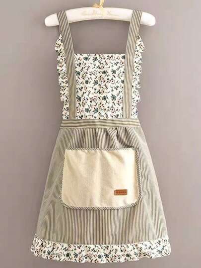 1 Delantal sin mangas con bolsillo con estampado floral de moda, delantal de lona impermeable y a prueba de aceite - Diseño floral, delantal sin mangas con bolsillo floral, cinturón ajustable, tela transpirable, nueva bufanda a prueba de aceite y manchas para la cocina, el baño, suministros para el hogar (letras en inglés aleatorias en el bolsillo)