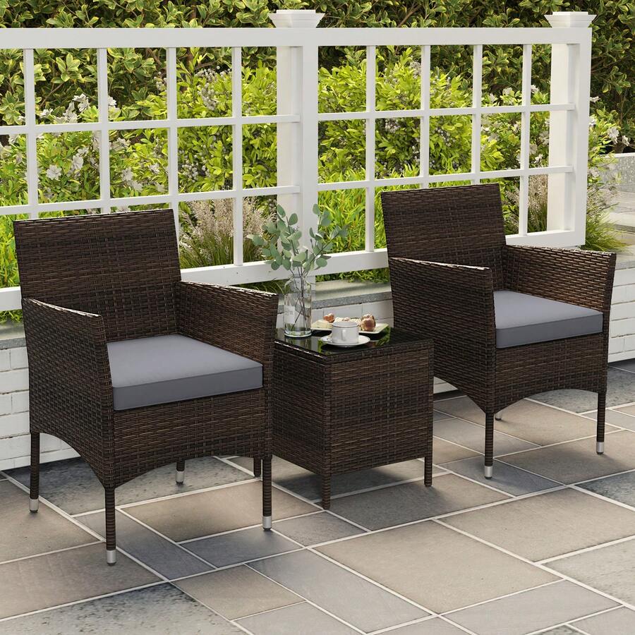 GOFLAME 3 Pieces Patio Furniture Set Outdoor PE Rattan Wicker Chairs-Grey - 深灰色 - 查看 1