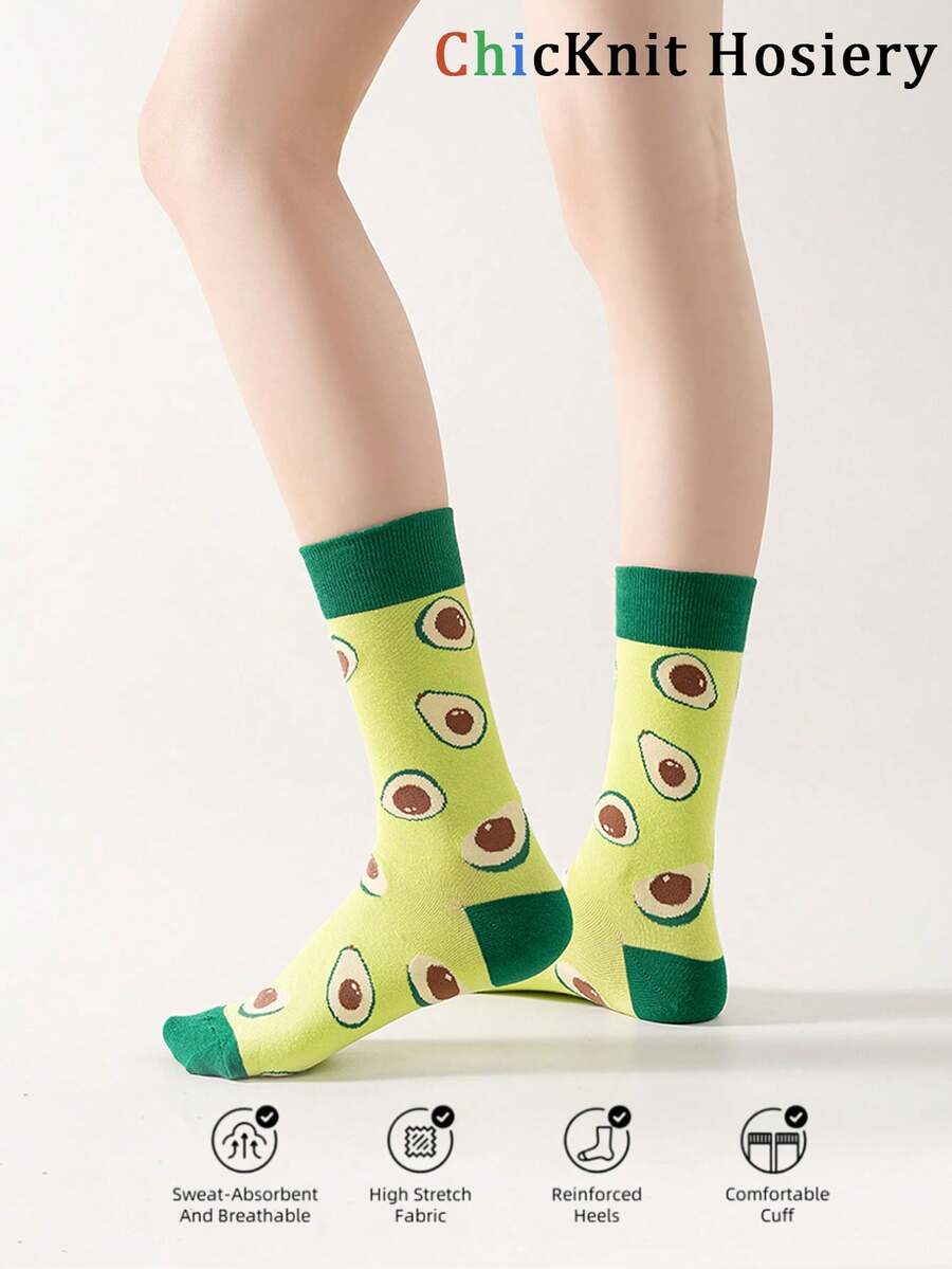 1 Pair Women Fashion Fruit Series Mid-Calf Socks, Soft Breathable Avocado Pattern Socks Suitable For Daily Wear - Multicolor - View 1