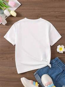 Girls Strawberry Print Round Neck Short Sleeve T-Shirt, Children Casual Tops - White - View 2