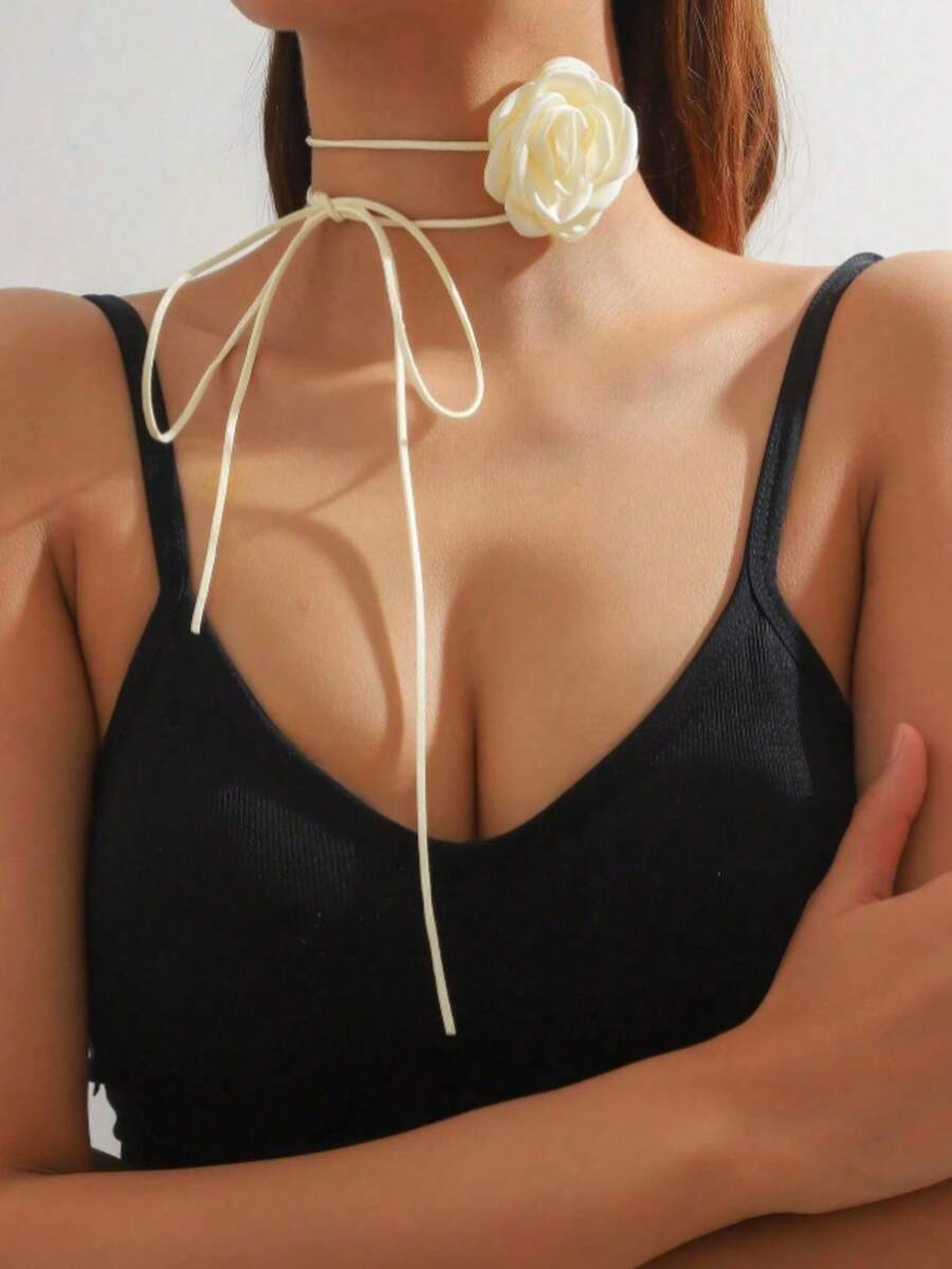 1PC Stereoscopic Rose Strap Collarbone Chain Choker Choker Chain - White - View 1