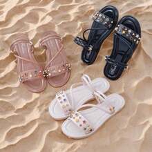 Sandalias estilo romana con estrella para niña, sandalias resistentes y de buena calidad, anti derraparte y ligueras - Negro - Ver 3