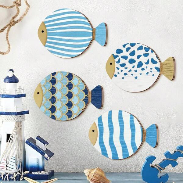 1 conjunto de decoração de parede de madeira com peixes marinhos para primavera e verão, adequado para decoração de parede de cozinha de fazenda, decoração de sala de estar e jantar, colagem rural de arte em madeira para decoração de cozinha