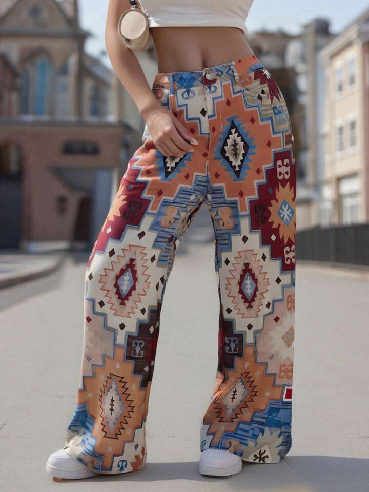 Women Wide Leg Denim Pants Tie-Dye/Vintage Print Long Imitation Jeans Casual Plus Size Trousers