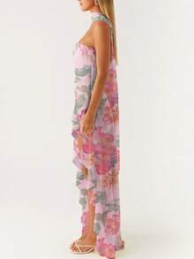 Women Cute Floral Print Tube Strapless Midi Ruffle Dress With Scarf Y2k Asymmetrical Mesh Backless Flowy Long Dresses Beach Vacation Sundress - 紫色 - 查看 4