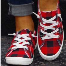 Women's Spring/Summer New New Big Red Checkered Flats Fashionable And Versatile, Comfortable Shallow Round Toe, Lightweight Lace-Up Low Top Soles, Breathable Casual Sports, Plus Size Women's Shoes - 紅色 - 查看 6