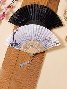 1pc Chinese Style Summer Portable Tassel Fan, Folding Fan, Ancient Style Hanfu For Men, Children Dance Small Bamboo Fan