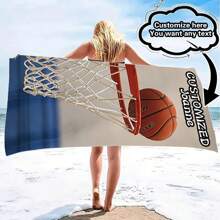 1pc Customizable Basketball Hoop And Your Name Design Ultra-Soft, Quick-Dry, 240GSM, Modern Rectangular Beach Towel - Personalized Gift For Summer, Swimming, Camping Holiday Bathroom Decor Travel Essentials Travel Accessories Beach Essentials