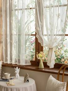 2pcs Lace Embroidery Ultrasonic Heat Seal Sheer Decorative Small Window Curtains & Door Curtains