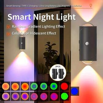 2 件可充电 LED 运动传感器壁灯 - RGB 渐变可调光灯，带磁性底座，适用于楼梯、入口、床边、书桌、衣柜，USB 供电，易于安装，智能夜灯，适用于家庭和氛围